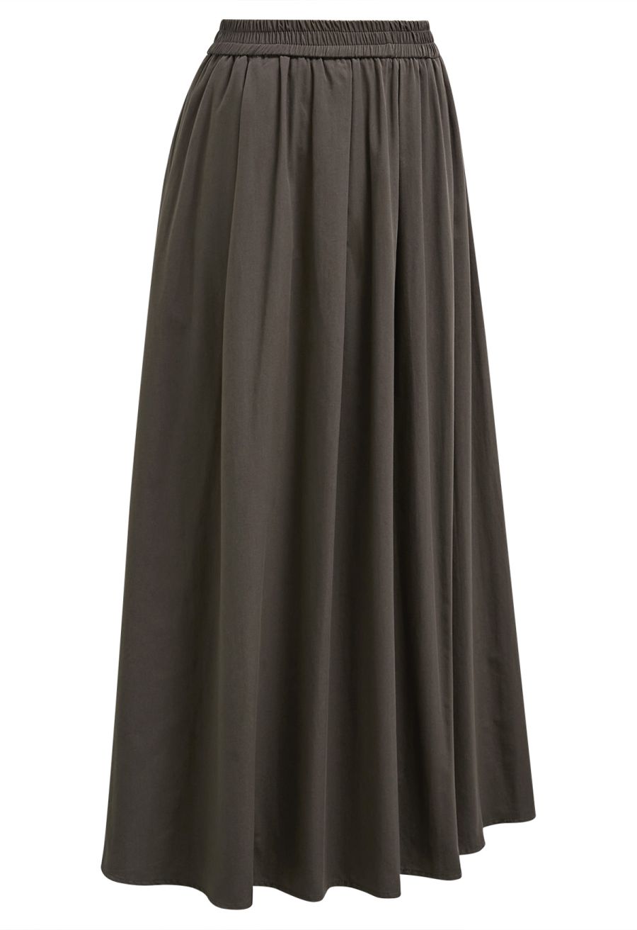 Solid Color Elasticated Waistband Cotton Maxi Skirt in Chocolate