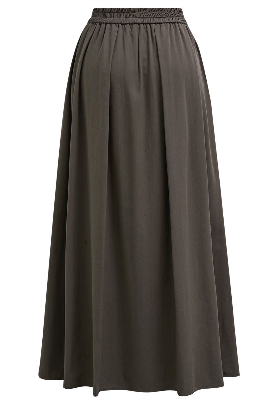 Solid Color Elasticated Waistband Cotton Maxi Skirt in Chocolate