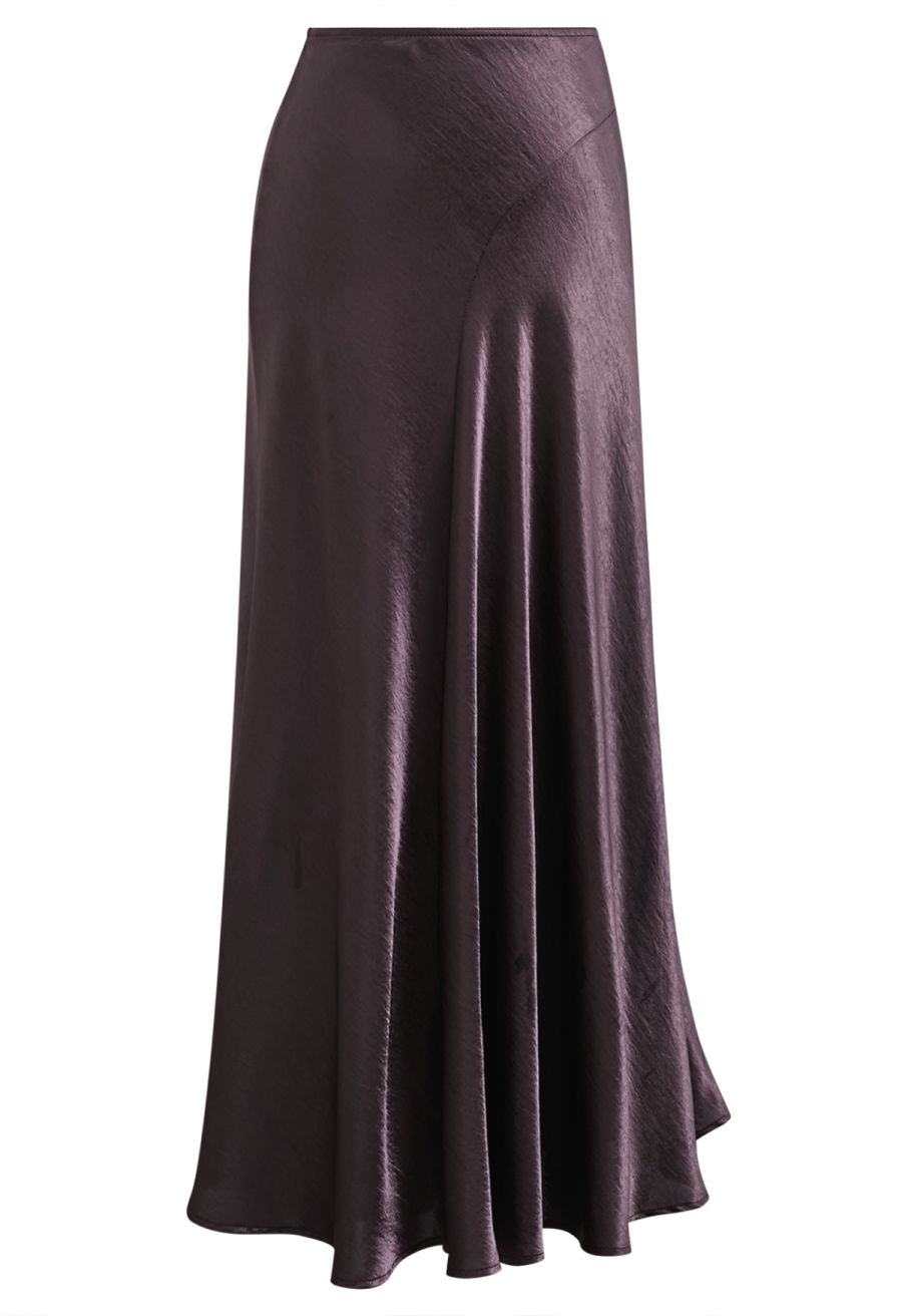 Luxurious Satin High Waist Seamed A-Lined Skirt in Plum