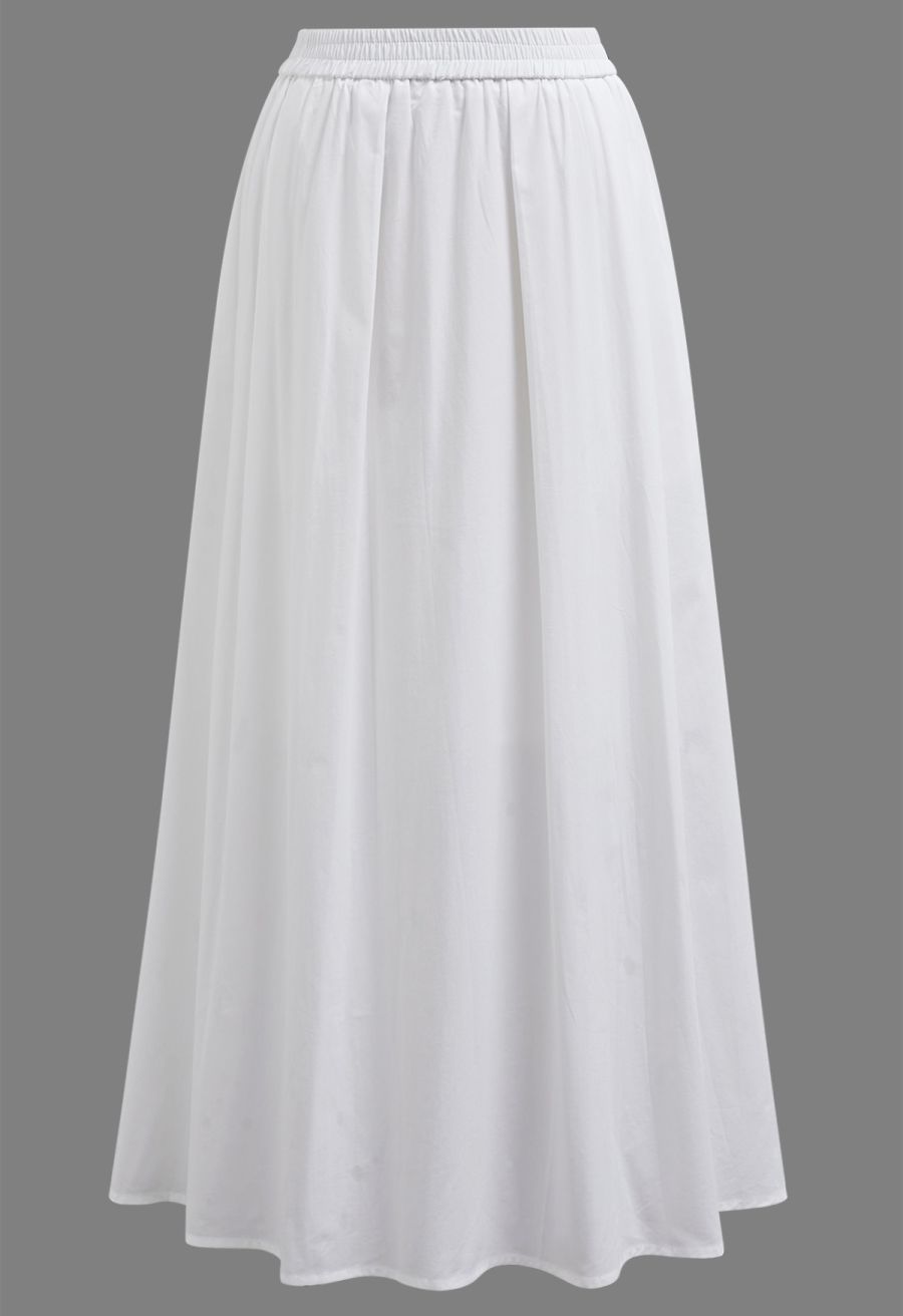 Solid Color Elasticated Waistband Cotton Maxi Skirt in White