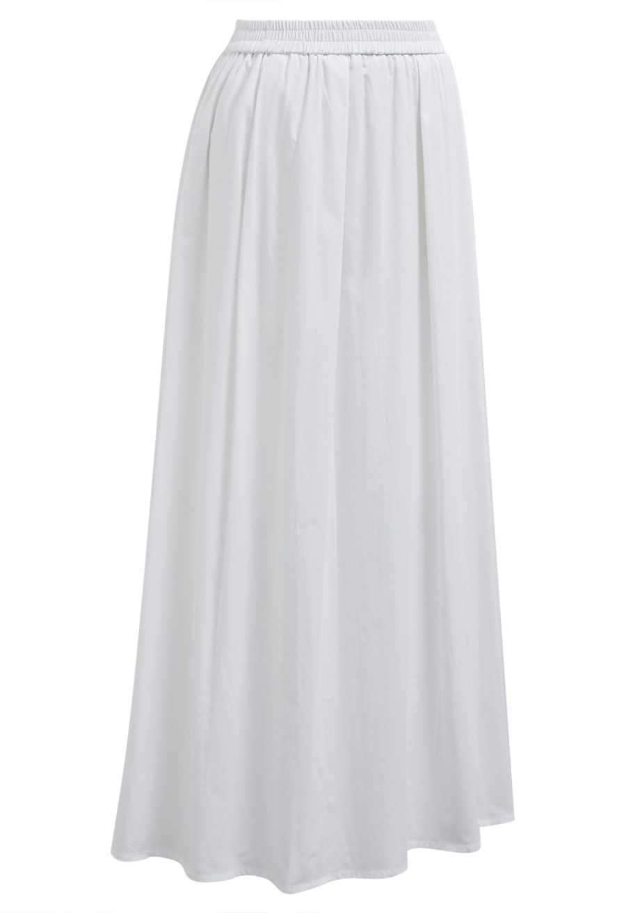 Solid Color Elasticated Waistband Cotton Maxi Skirt in White