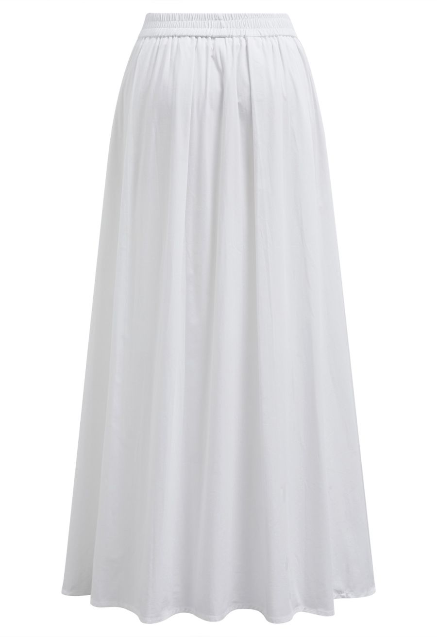 Solid Color Elasticated Waistband Cotton Maxi Skirt in White