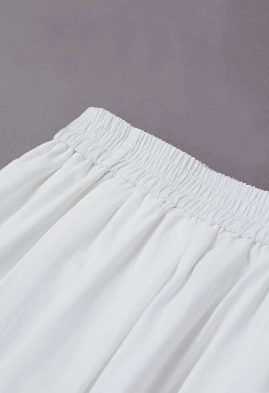 Solid Color Elasticated Waistband Cotton Maxi Skirt in White