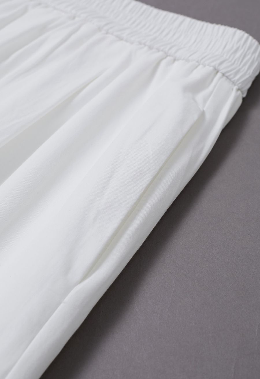 Solid Color Elasticated Waistband Cotton Maxi Skirt in White