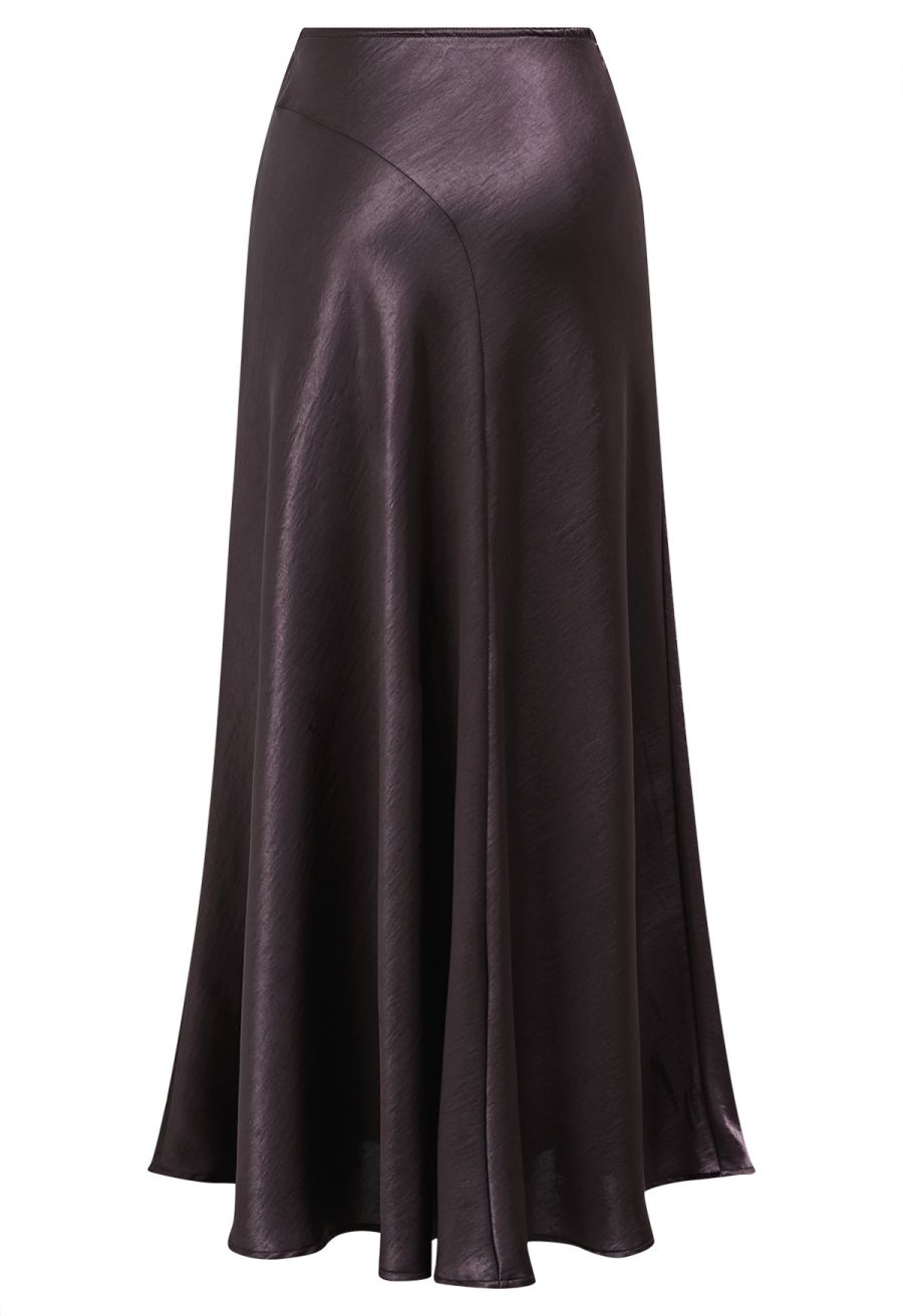 Luxurious Satin High Waist Seamed A-Lined Skirt in Plum