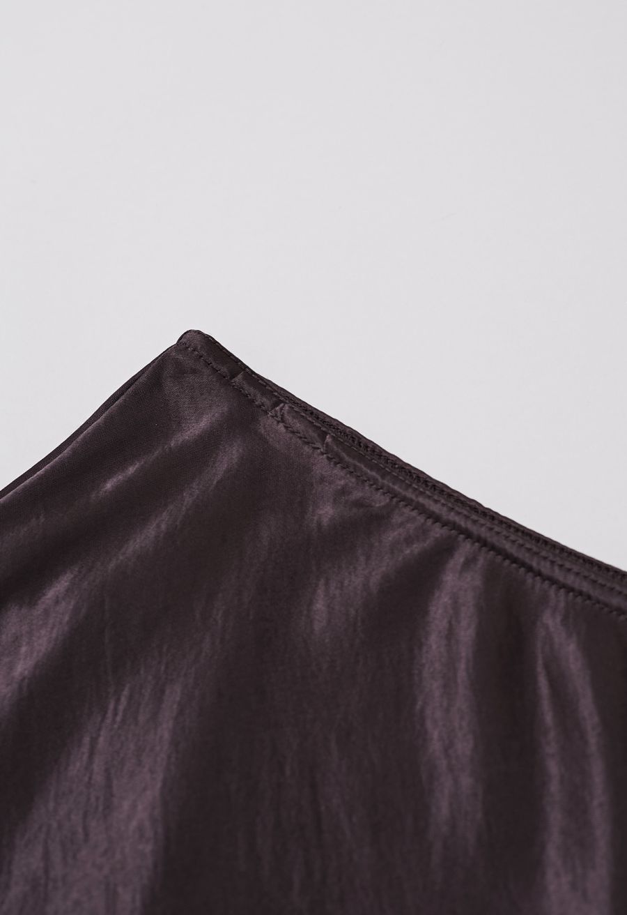 Luxurious Satin High Waist Seamed A-Lined Skirt in Plum