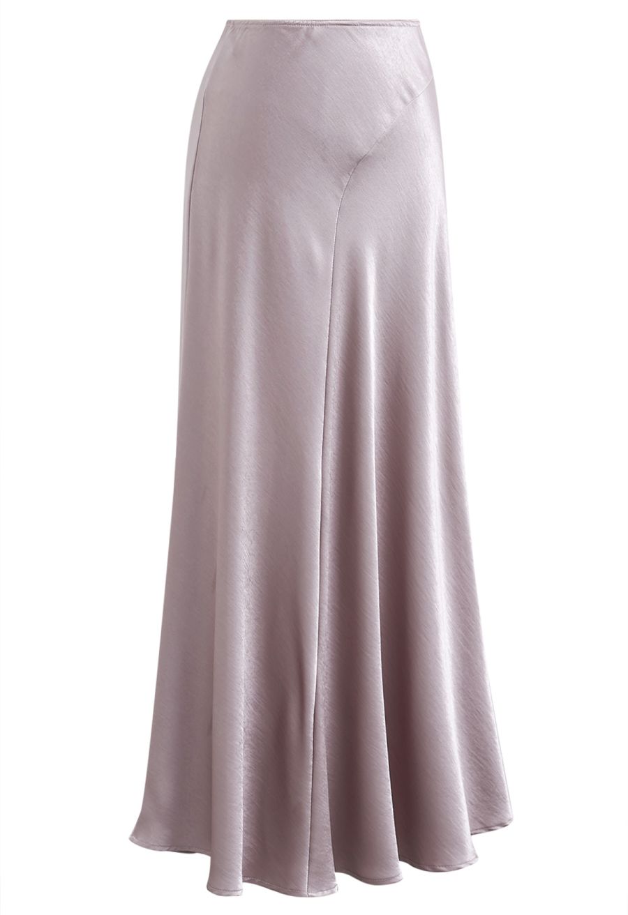 Luxurious Satin High Waist Seamed A-Lined Skirt in Mauve