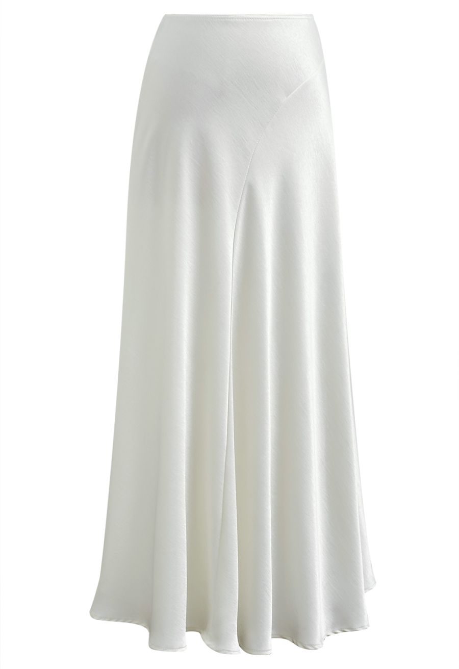 Luxurious Satin High Waist Seamed A-Lined Skirt in Ivory