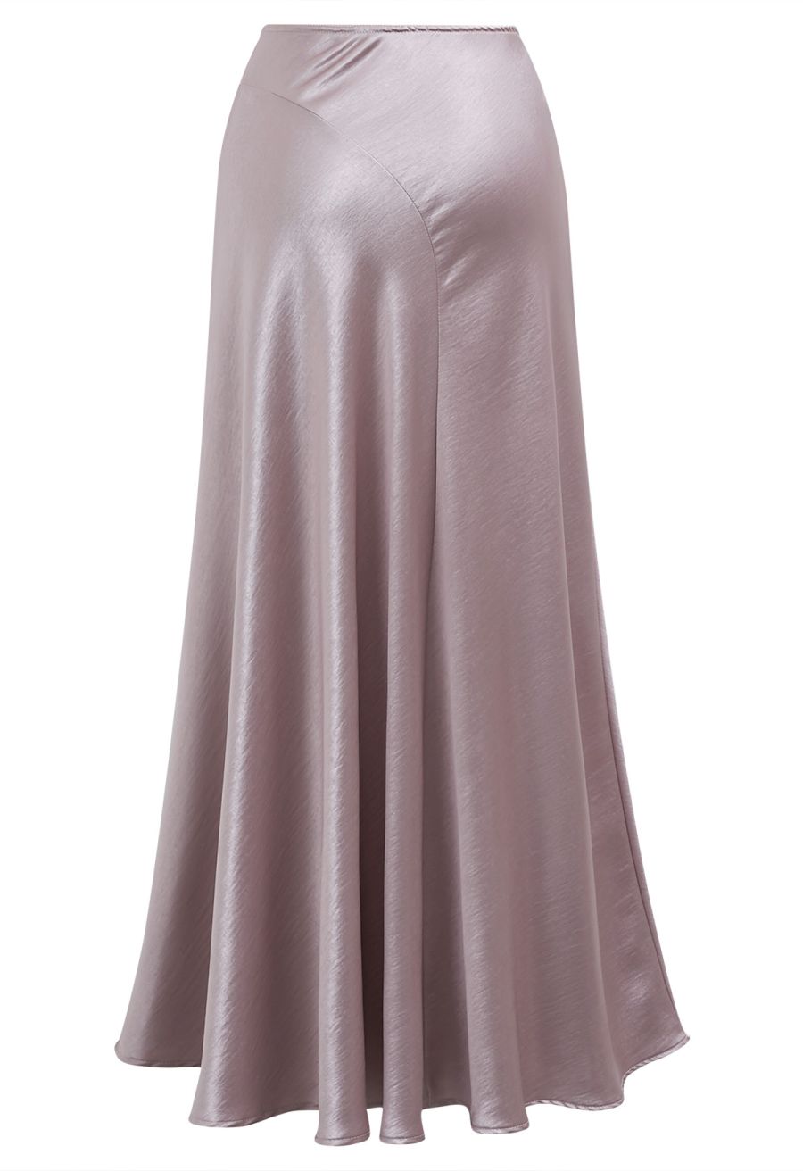 Luxurious Satin High Waist Seamed A-Lined Skirt in Mauve