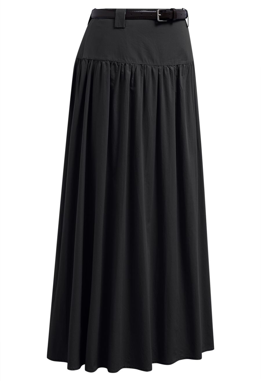 Solid High Waist Belted Cotton Maxi Skirt in Black
