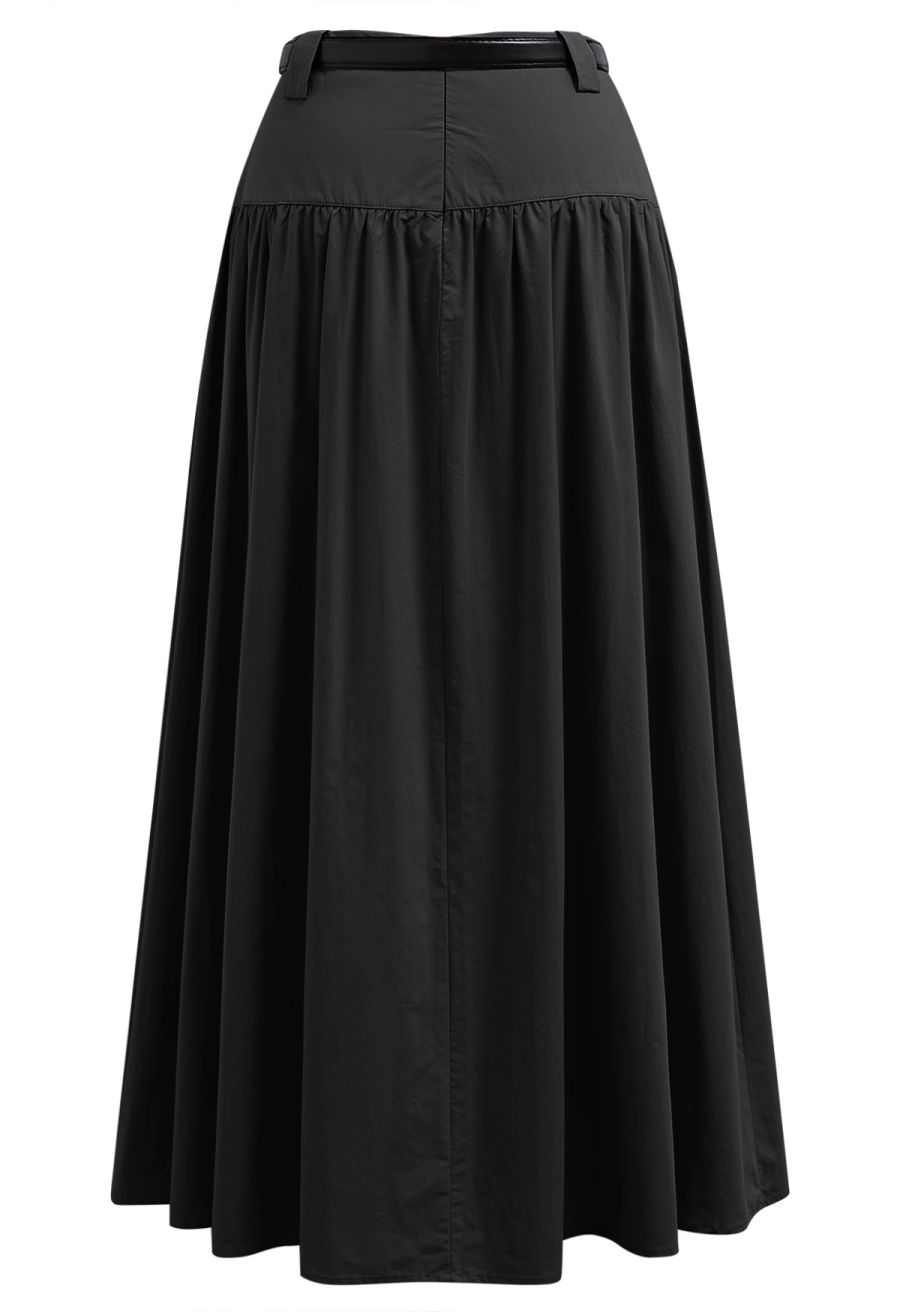 Solid High Waist Belted Cotton Maxi Skirt in Black