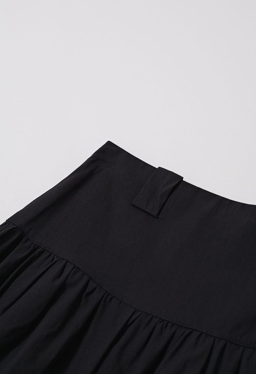 Solid High Waist Belted Cotton Maxi Skirt in Black
