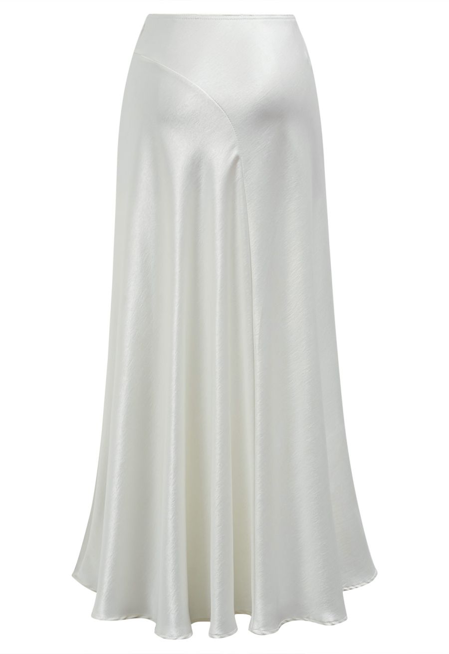 Luxurious Satin High Waist Seamed A-Lined Skirt in Ivory