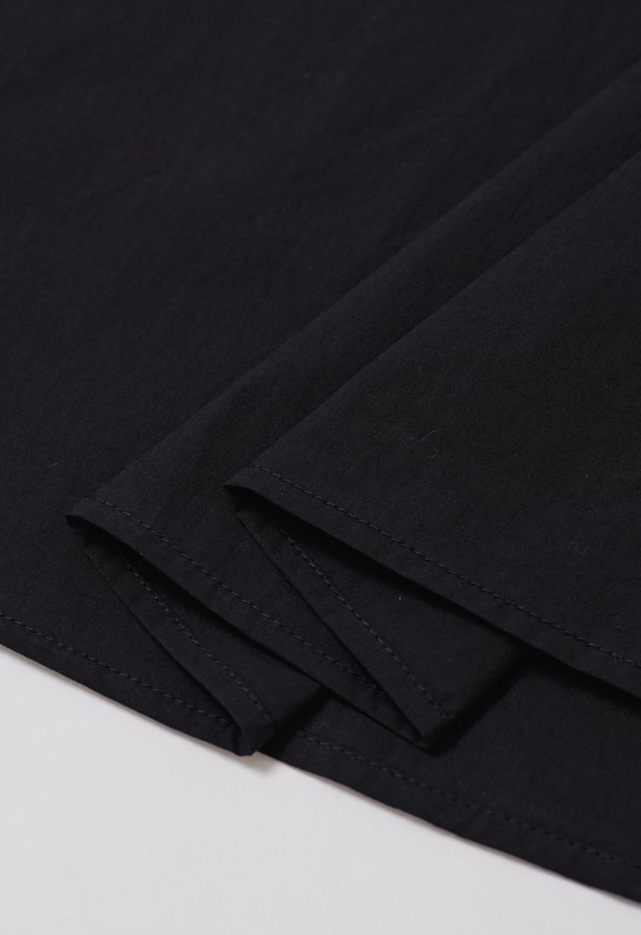 Solid High Waist Belted Cotton Maxi Skirt in Black