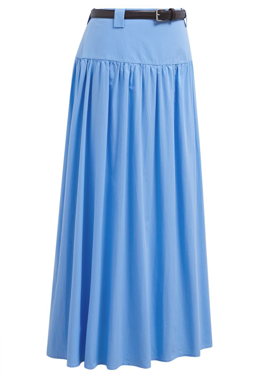 Solid High Waist Belted Cotton Maxi Skirt in Blue