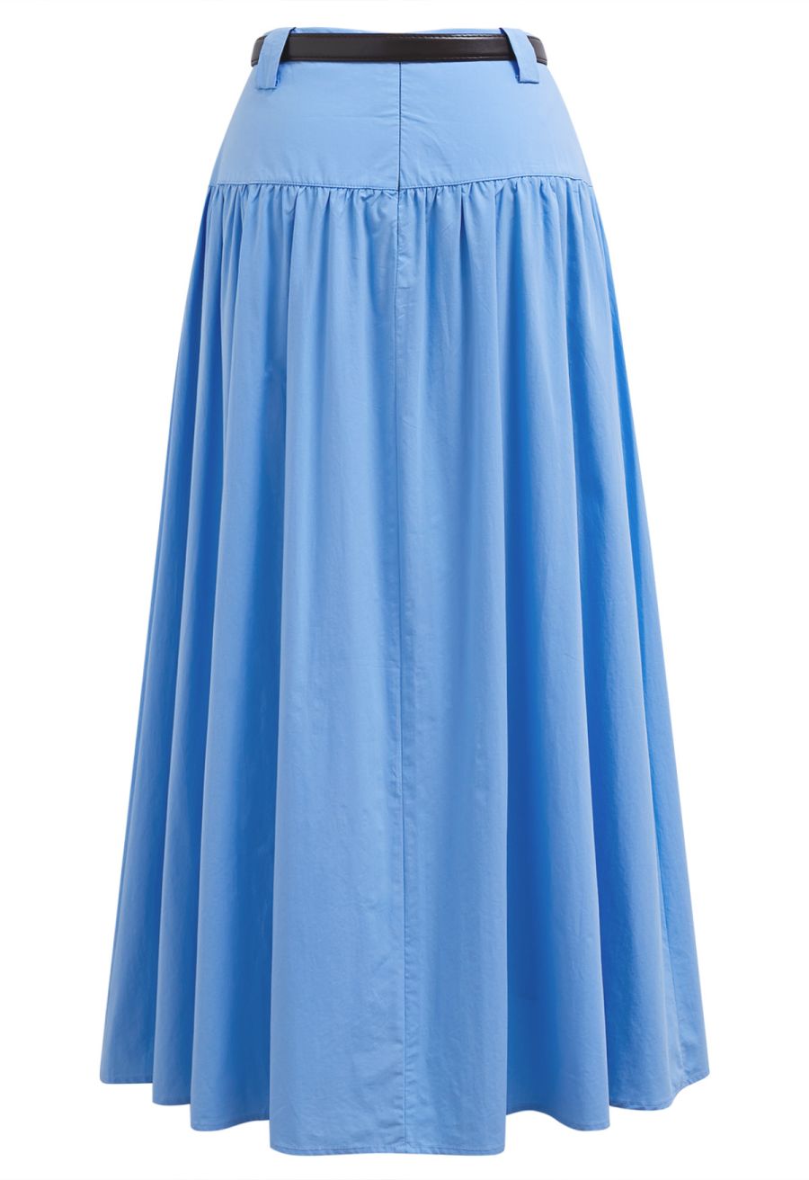 Solid High Waist Belted Cotton Maxi Skirt in Blue