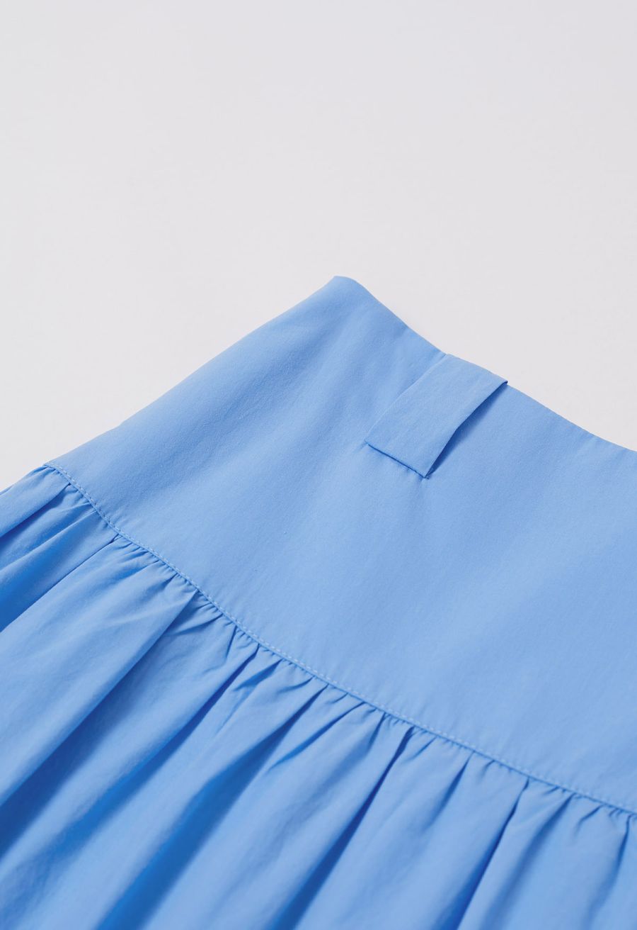 Solid High Waist Belted Cotton Maxi Skirt in Blue
