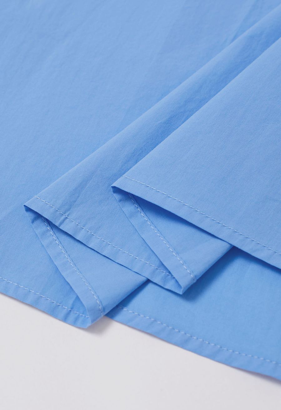 Solid High Waist Belted Cotton Maxi Skirt in Blue