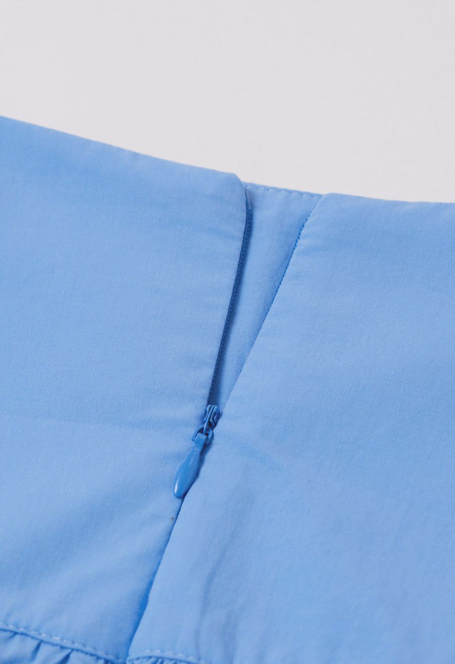Solid High Waist Belted Cotton Maxi Skirt in Blue