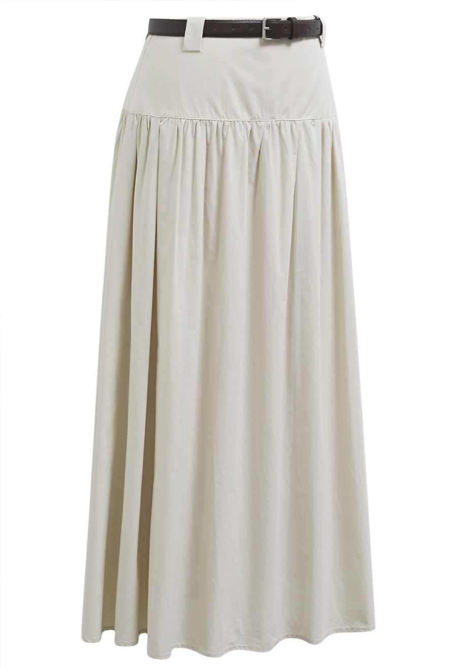 Solid High Waist Belted Cotton Maxi Skirt in Sand