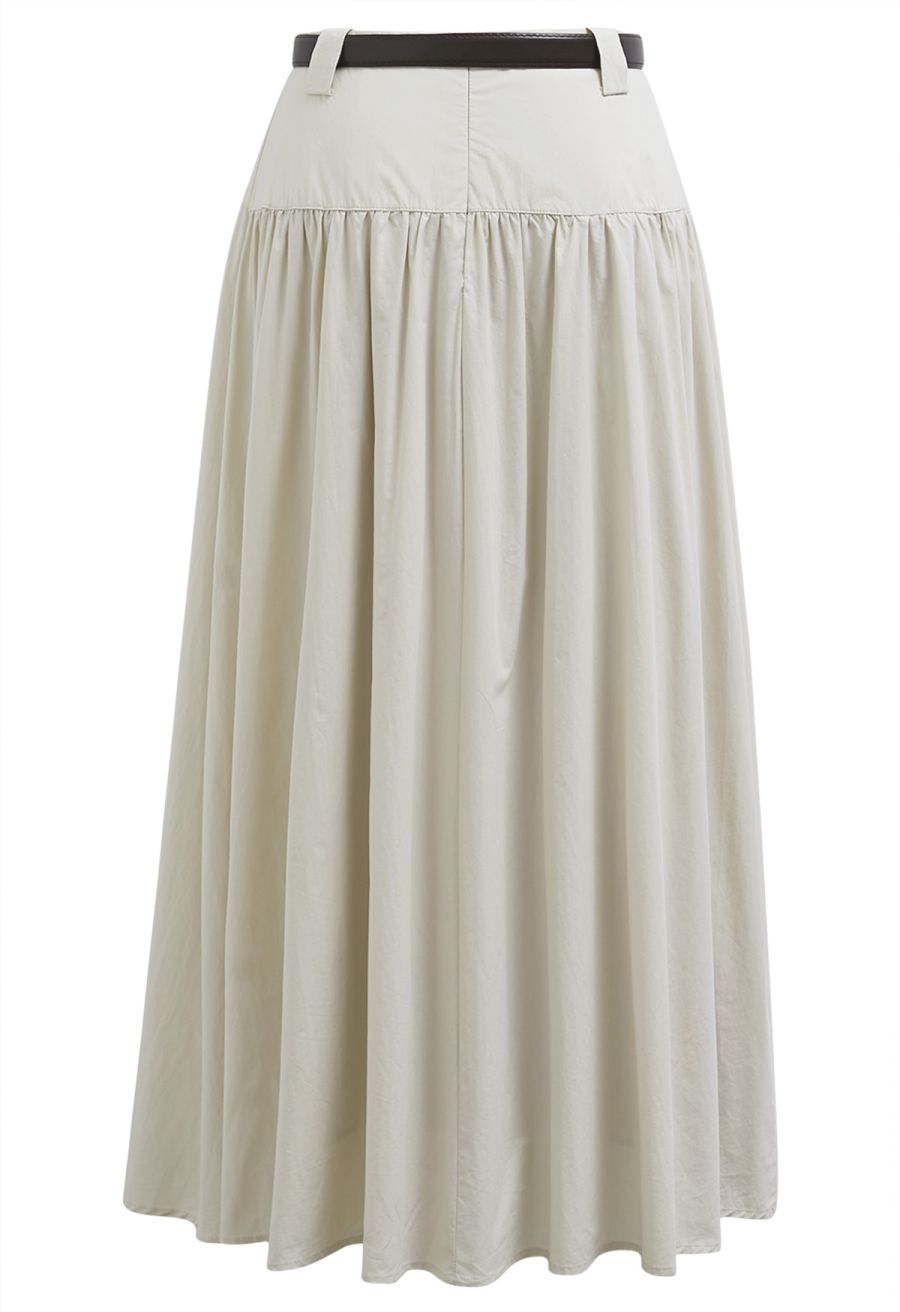 Solid High Waist Belted Cotton Maxi Skirt in Sand