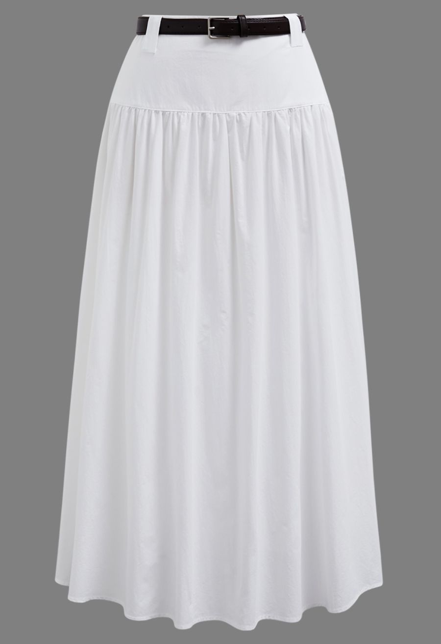 Solid High Waist Belted Cotton Maxi Skirt in White