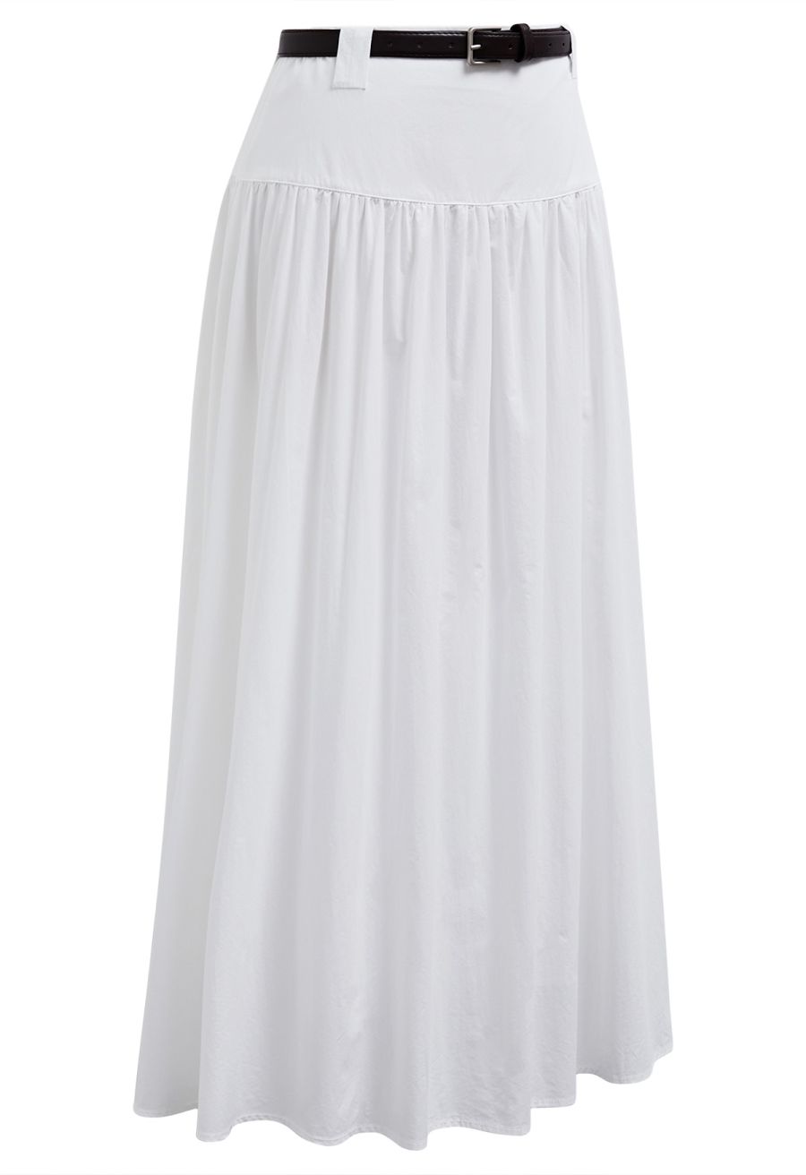 Solid High Waist Belted Cotton Maxi Skirt in White