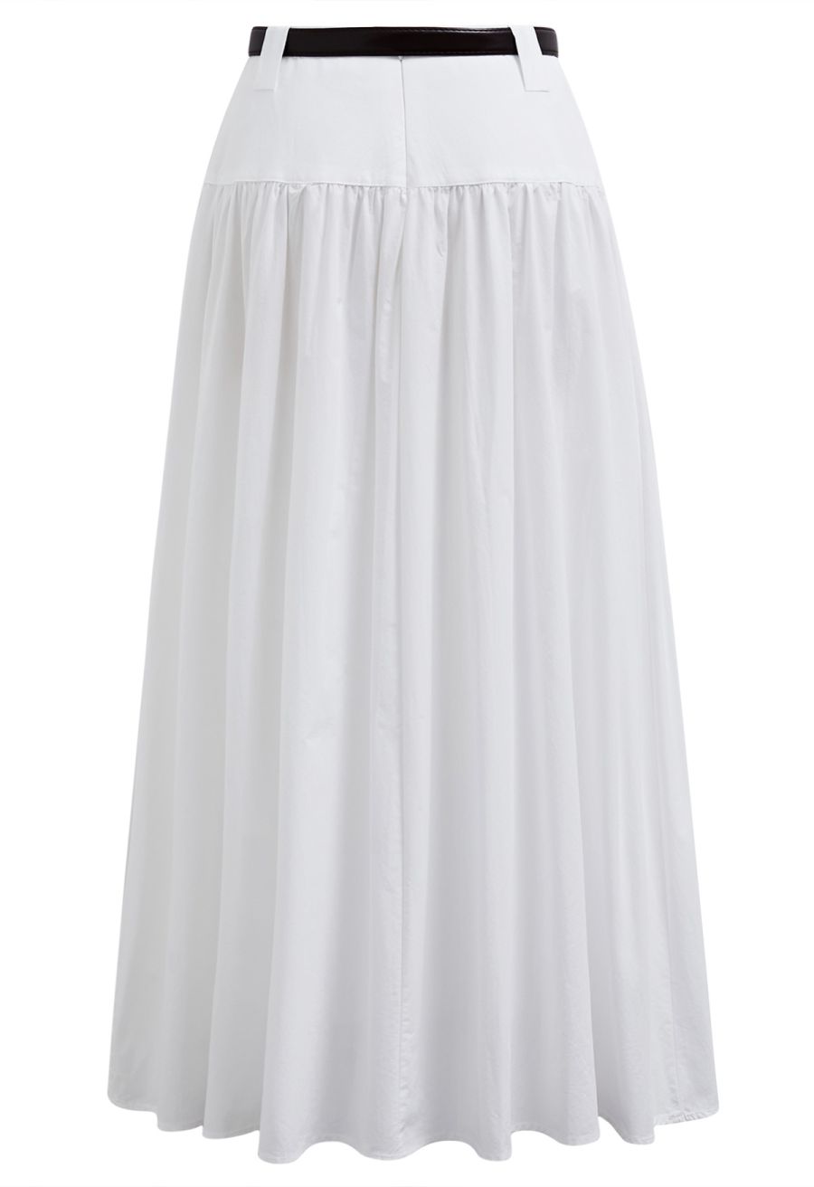 Solid High Waist Belted Cotton Maxi Skirt in White