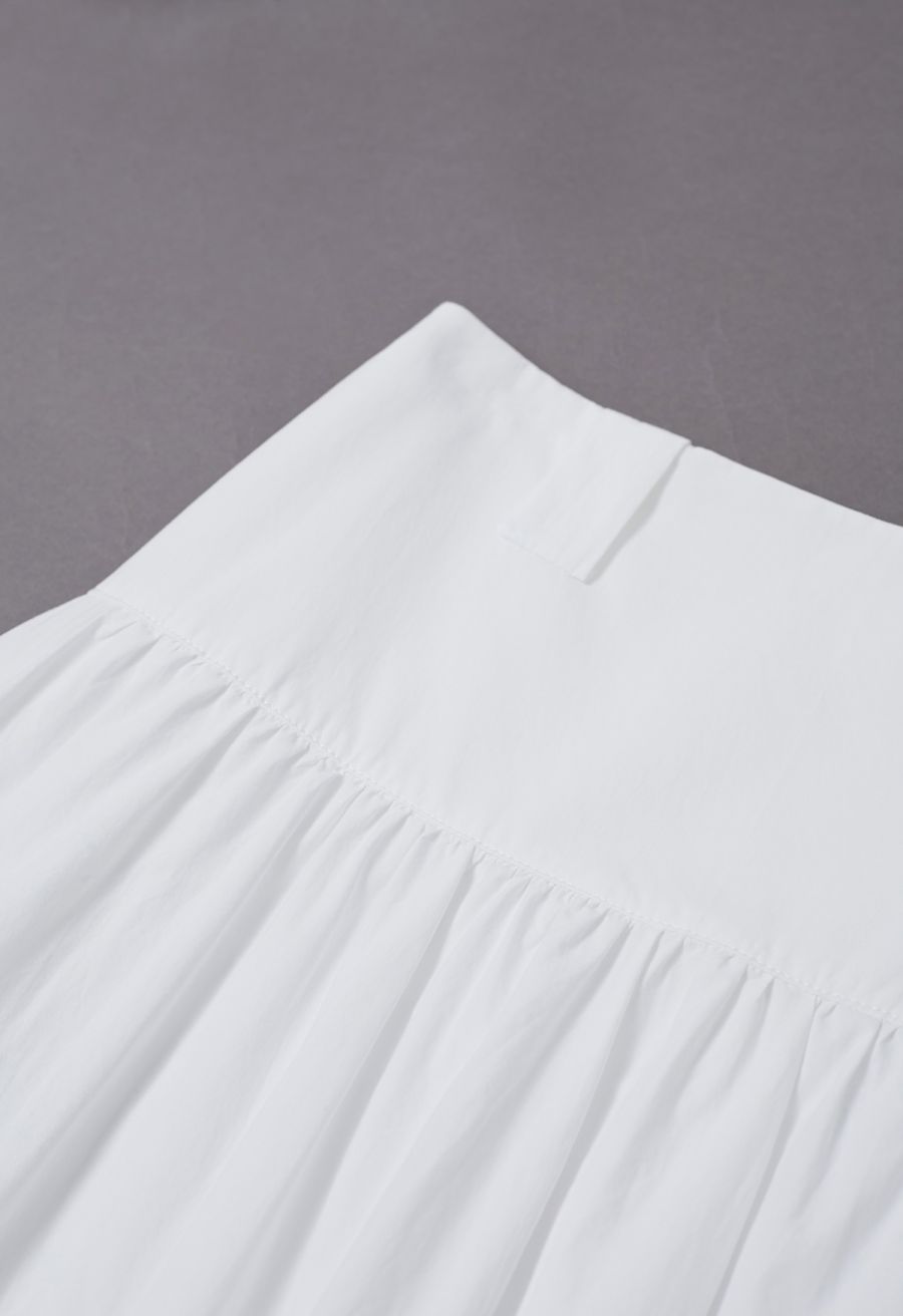 Solid High Waist Belted Cotton Maxi Skirt in White