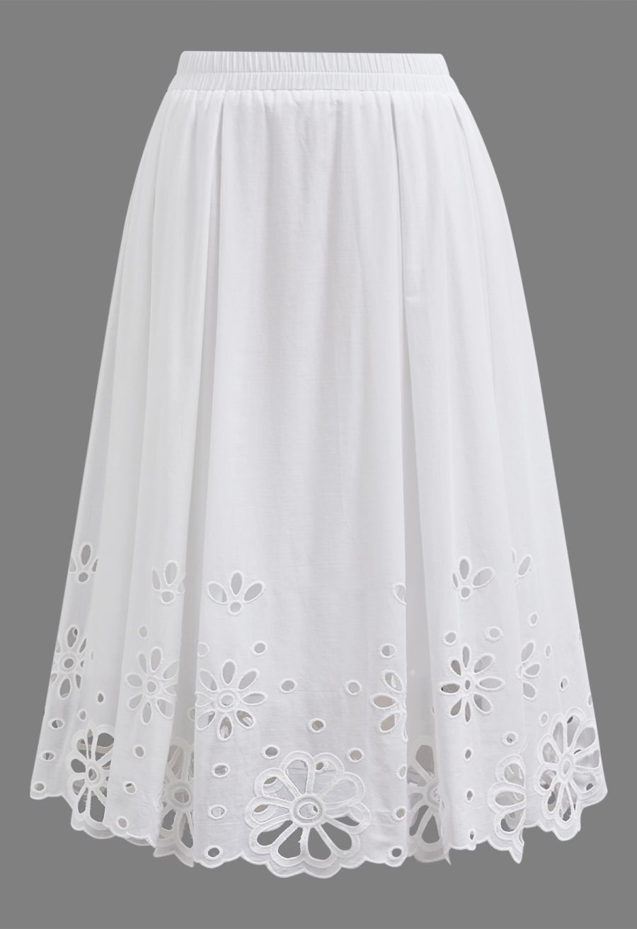 Ethereal White Floral Embroidered Eyelet Midi Skirt