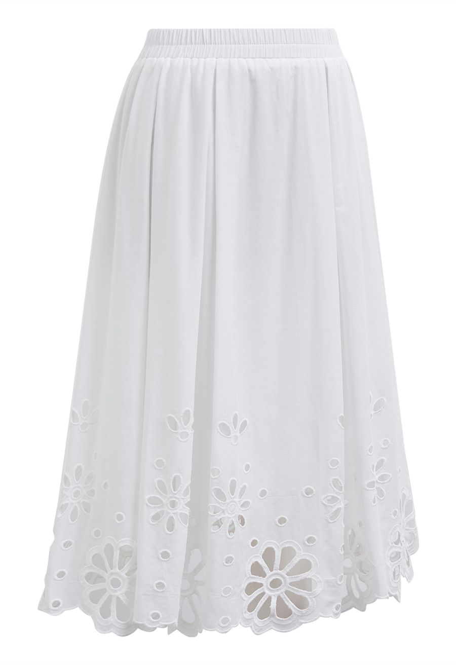 Ethereal White Floral Embroidered Eyelet Midi Skirt
