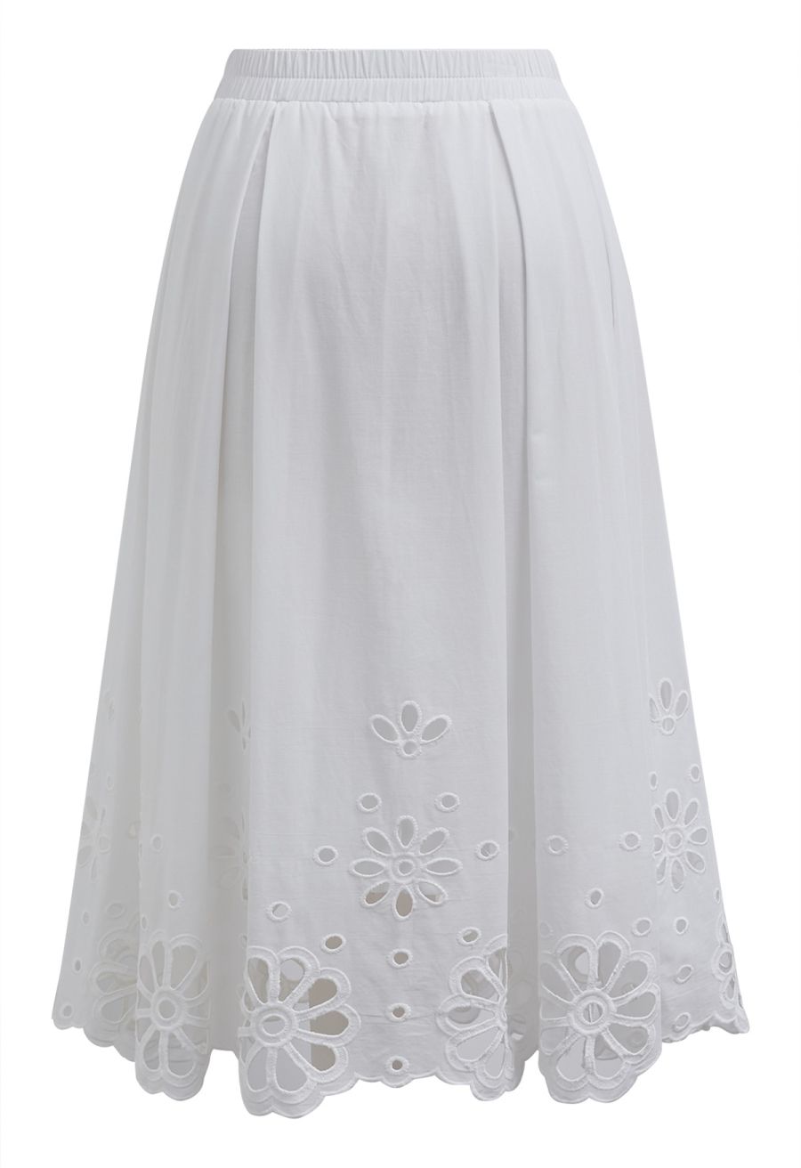 Ethereal White Floral Embroidered Eyelet Midi Skirt