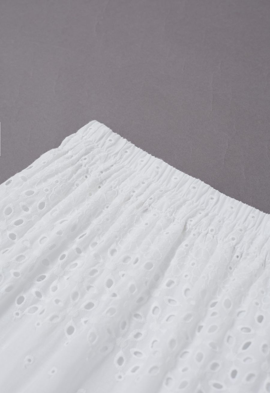 Ethereal White Floral Embroidered Eyelet Midi Skirt