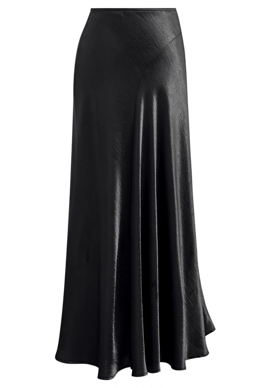 Luxurious Satin High Waist Seamed A-Lined Skirt in Black