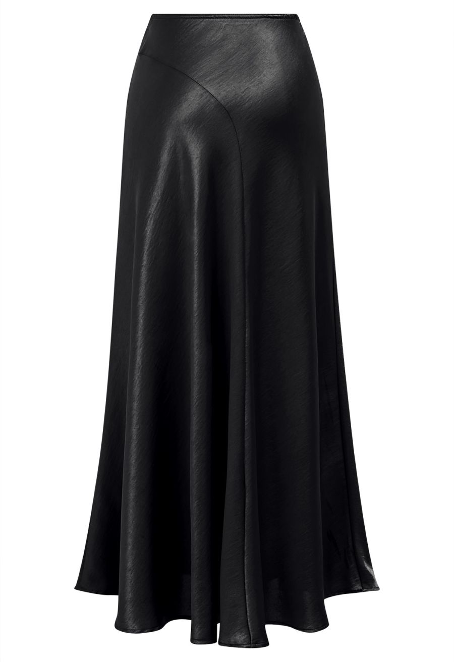 Luxurious Satin High Waist Seamed A-Lined Skirt in Black