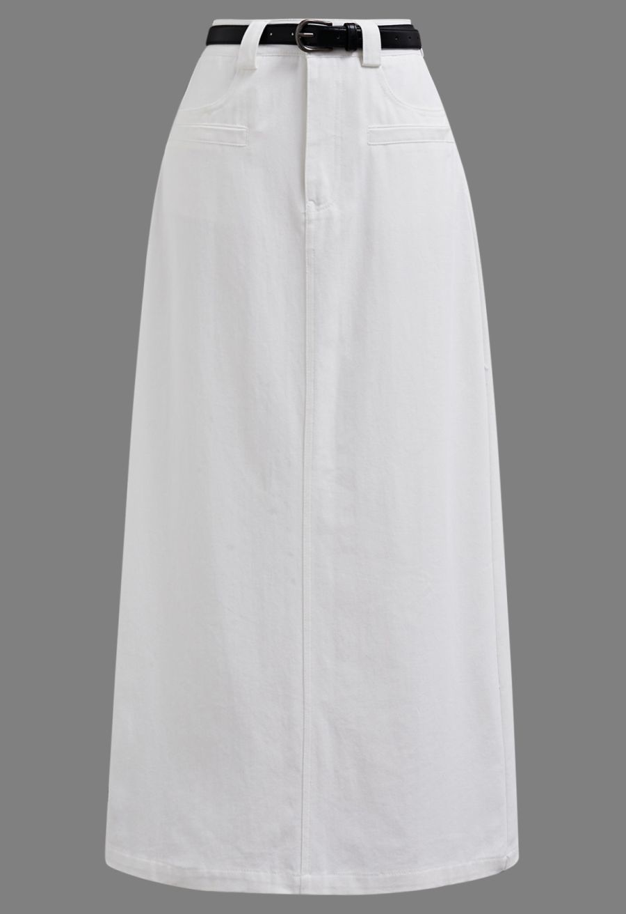 Functional Pocket Belted Denim Maxi Skirt in White
