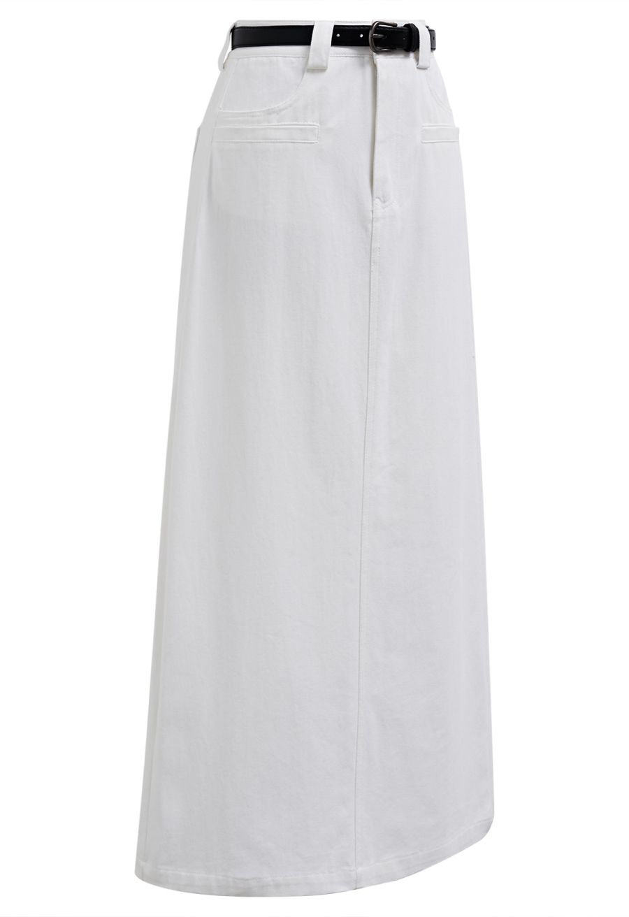 Functional Pocket Belted Denim Maxi Skirt in White
