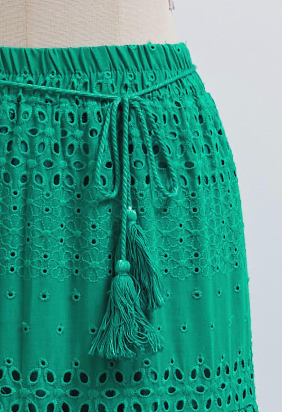 Floret Embroidered Eyelet Cotton Midi Skirt in Dark Green