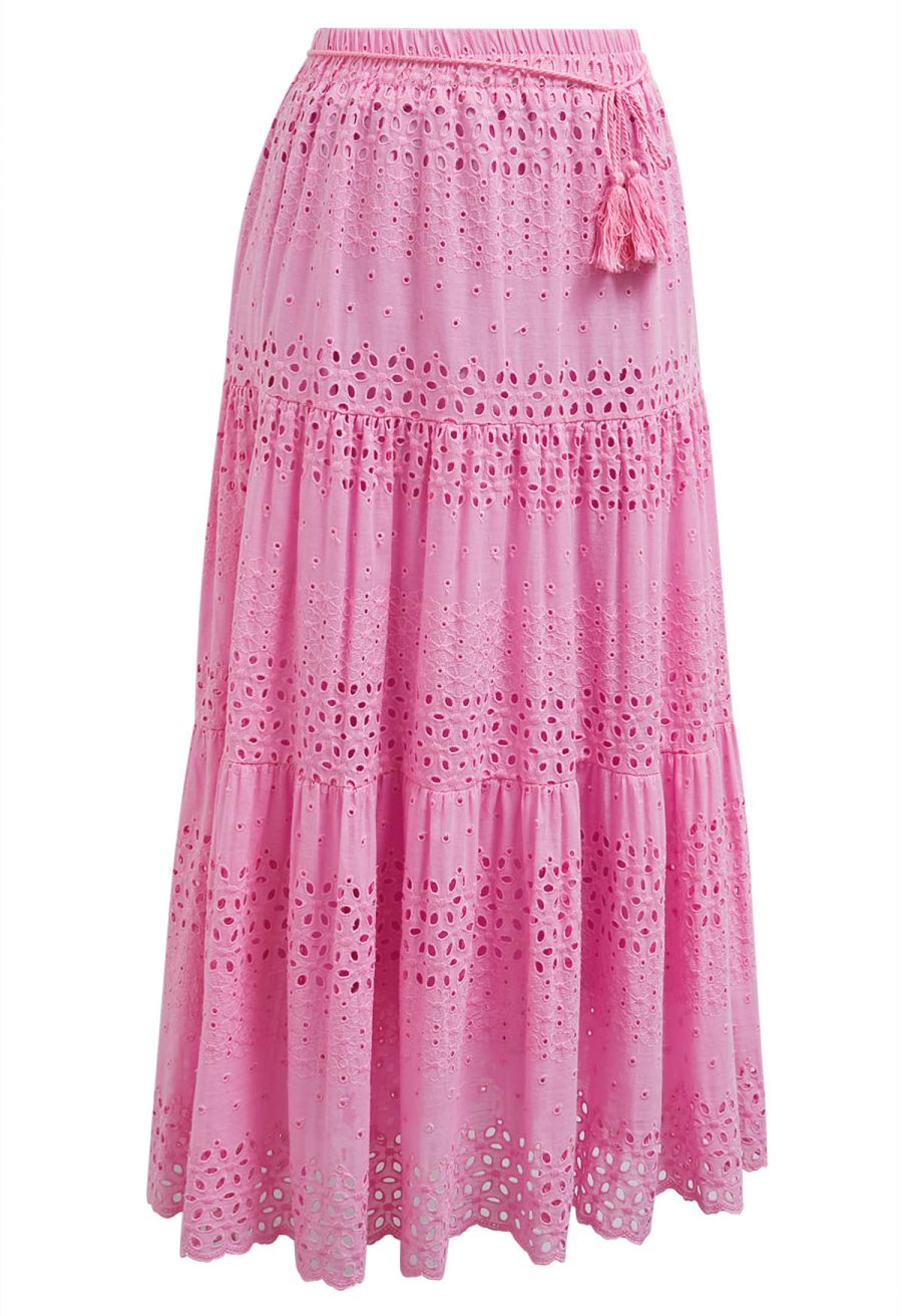 Floret Embroidered Eyelet Cotton Midi Skirt in Hot Pink