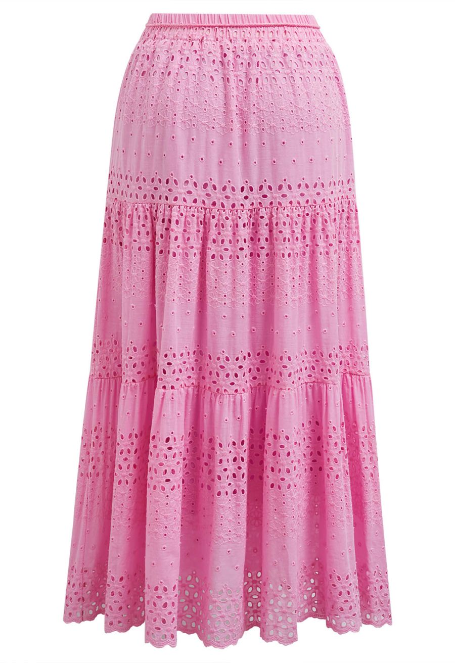 Floret Embroidered Eyelet Cotton Midi Skirt in Hot Pink
