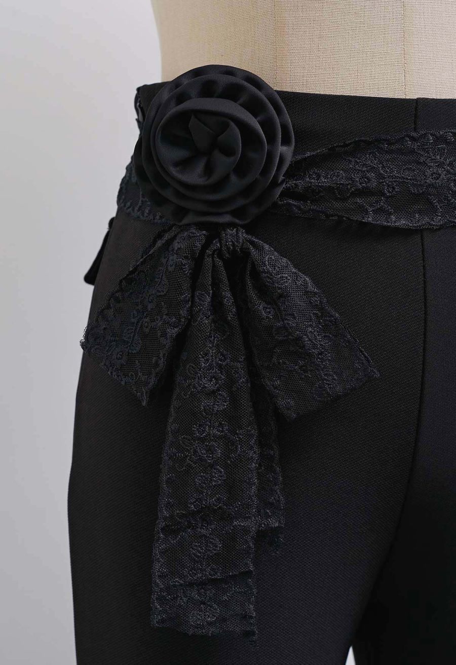 Decorative Rose Lace Sash Flare Leg Pants
