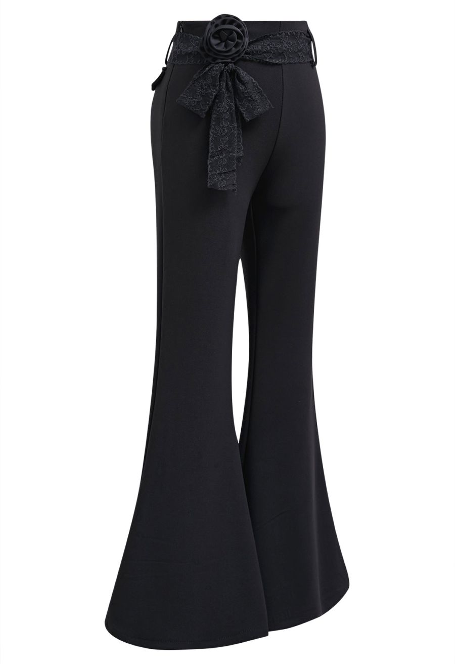 Decorative Rose Lace Sash Flare Leg Pants