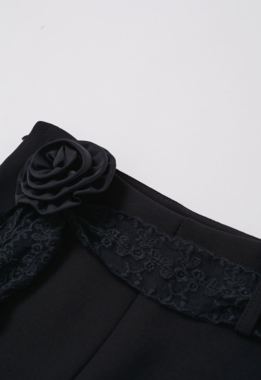 Decorative Rose Lace Sash Flare Leg Pants