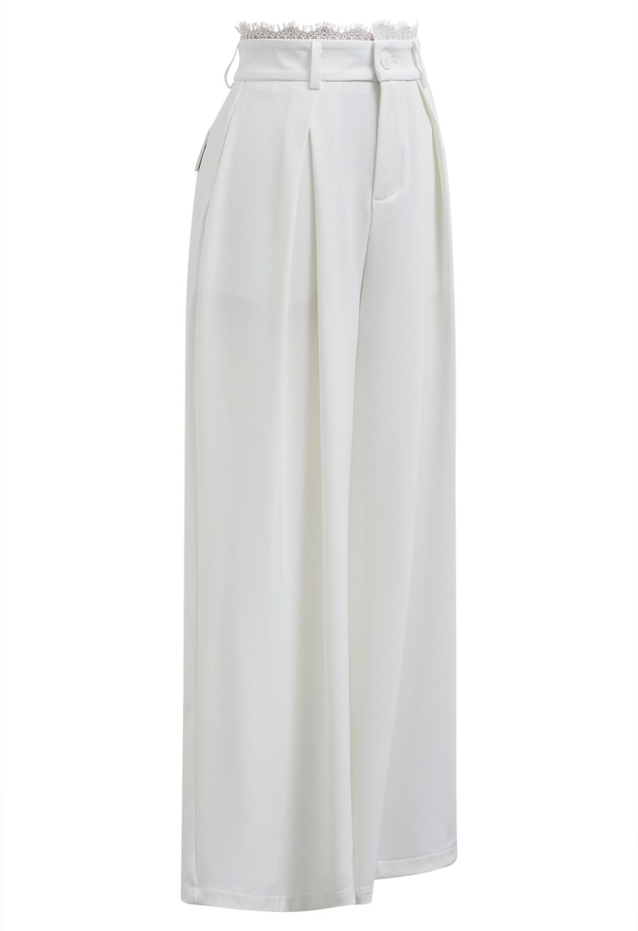 Lacy Waist Side Pocket Wide-Leg Pants in White