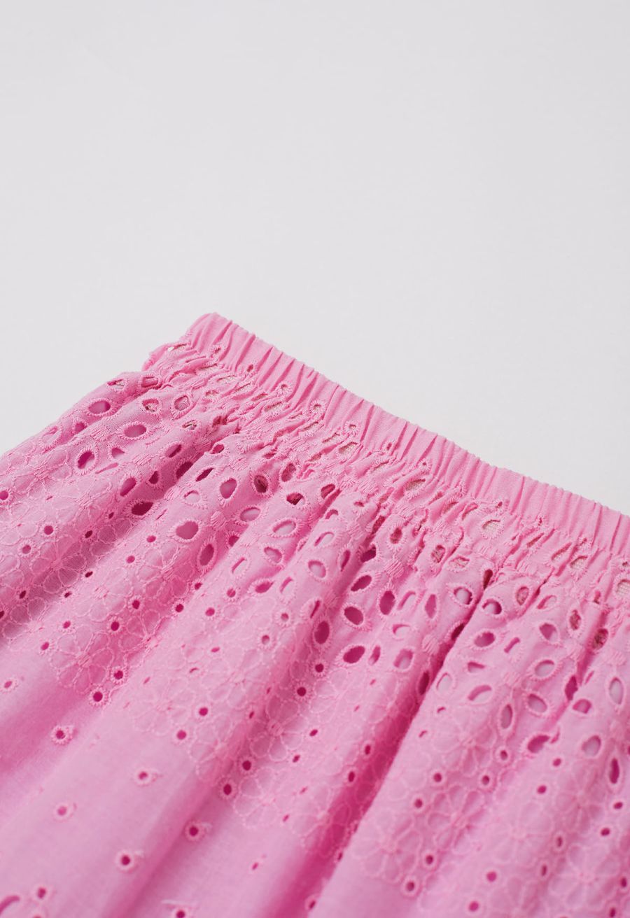 Floret Embroidered Eyelet Cotton Midi Skirt in Hot Pink