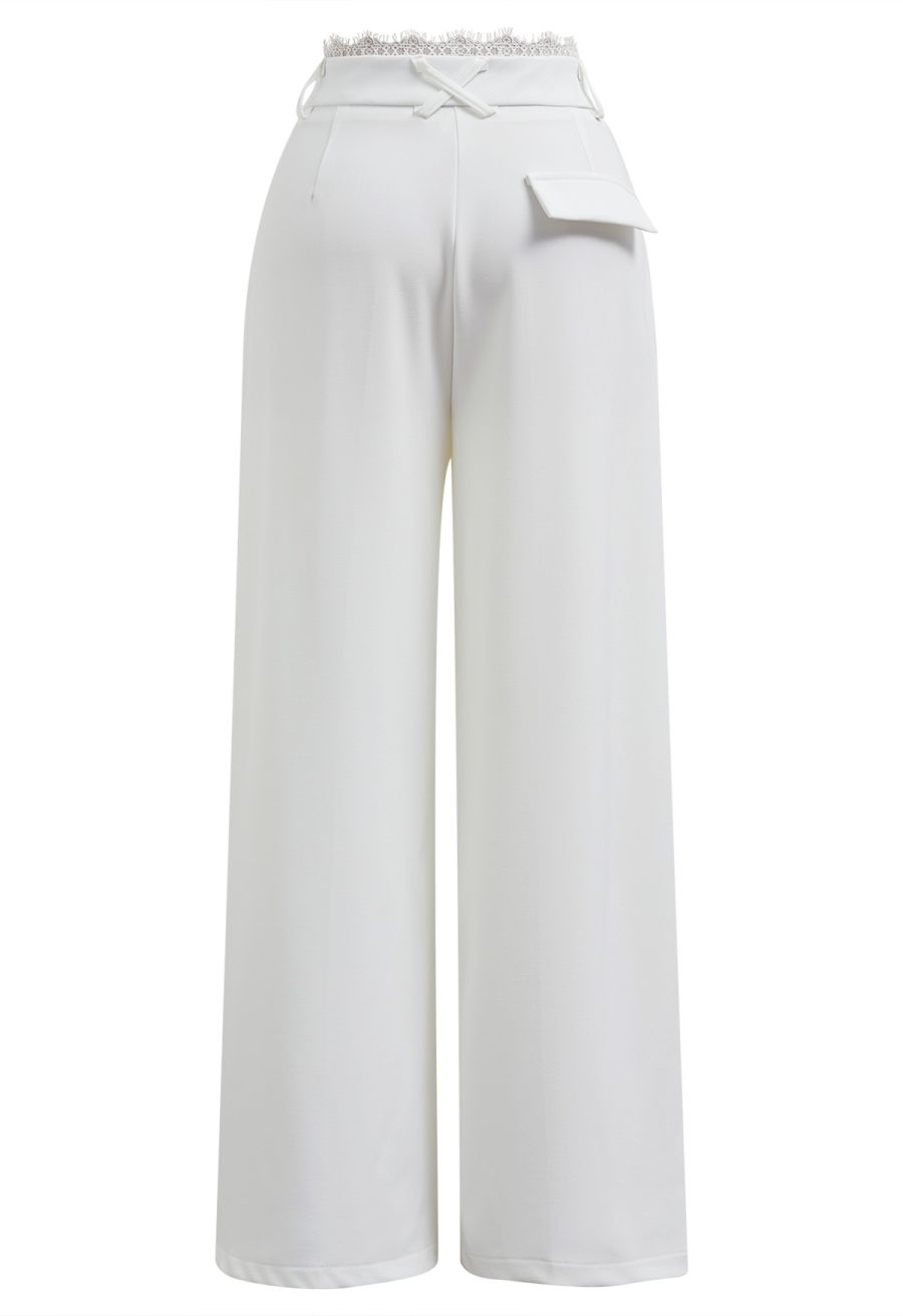 Lacy Waist Side Pocket Wide-Leg Pants in White