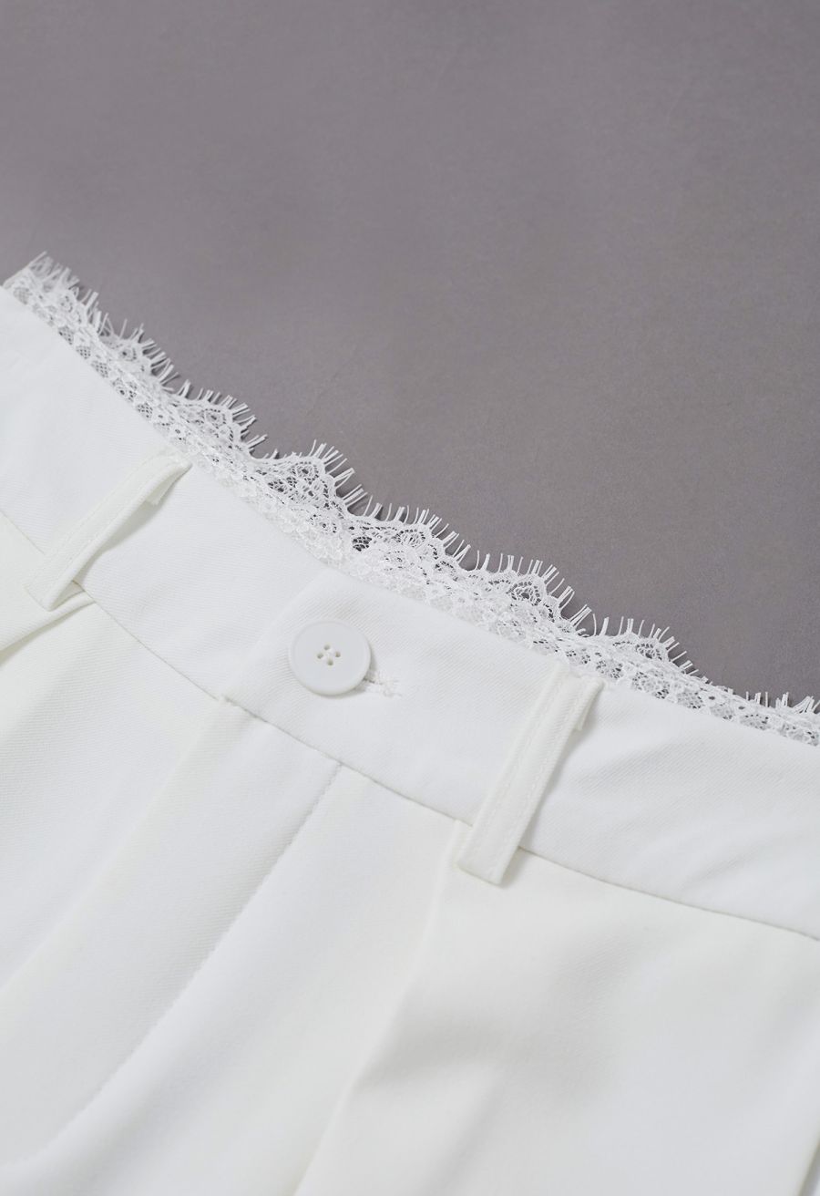 Lacy Waist Side Pocket Wide-Leg Pants in White