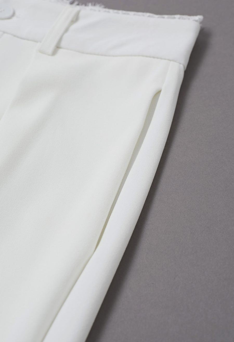 Lacy Waist Side Pocket Wide-Leg Pants in White