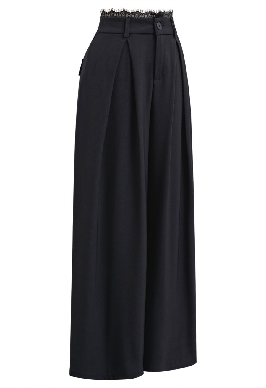 Lacy Waist Side Pocket Wide-Leg Pants in Black