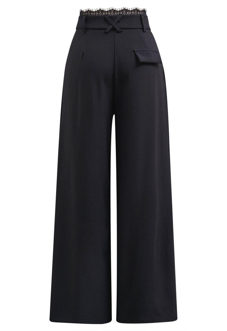 Lacy Waist Side Pocket Wide-Leg Pants in Black